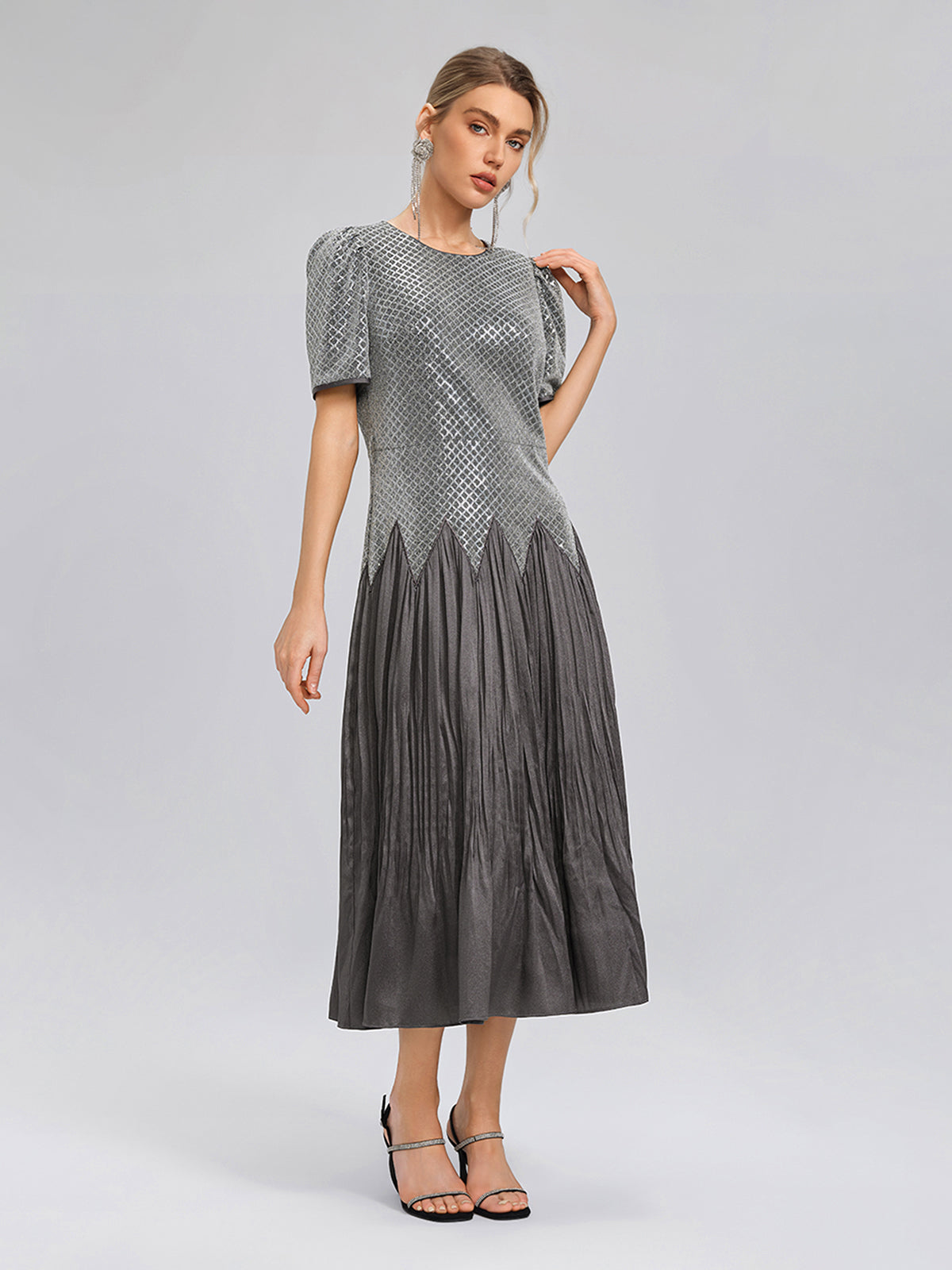 Sequin Puff-Sleeve Pleated Panel Dress (Floral Brooch & Waist Chain Included)