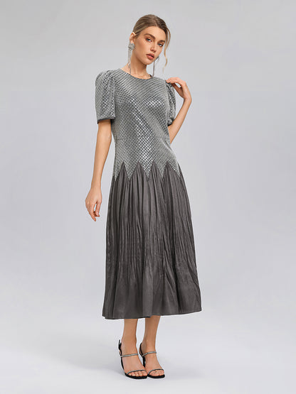 Sequin Puff-Sleeve Pleated Panel Dress (Floral Brooch & Waist Chain Included)