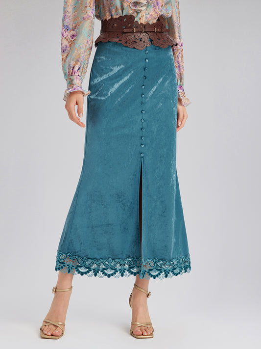 Velvet Lace-Trim Front Slit Fishtail Skirt
