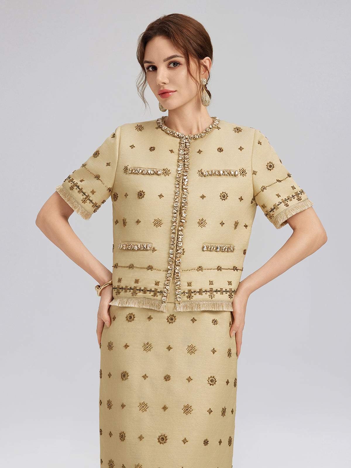 Hand-Beaded Fringe Cropped Jacket