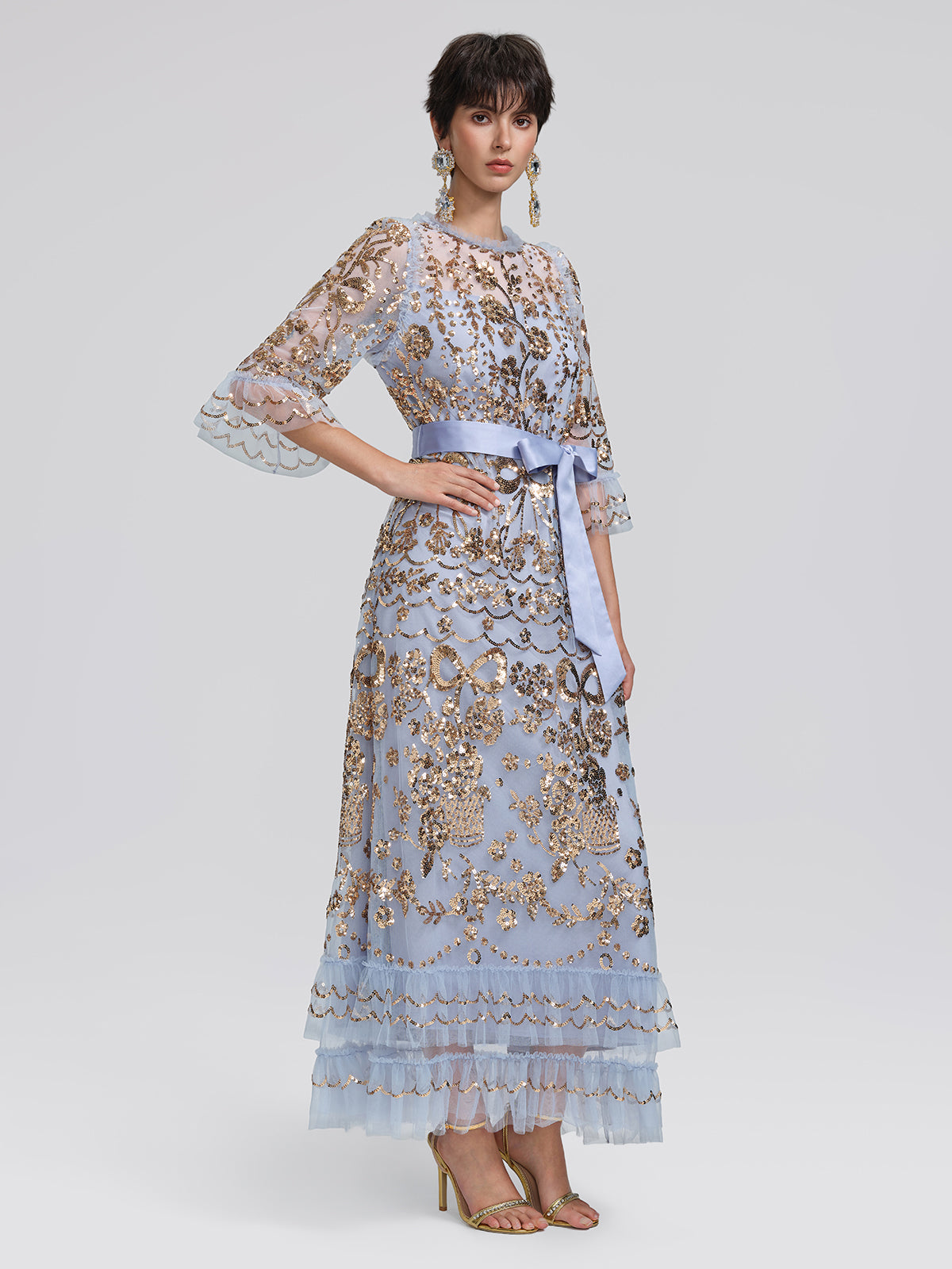 Gold Foil Mesh Heavywork Maxi Dress (Waist Tie Included)