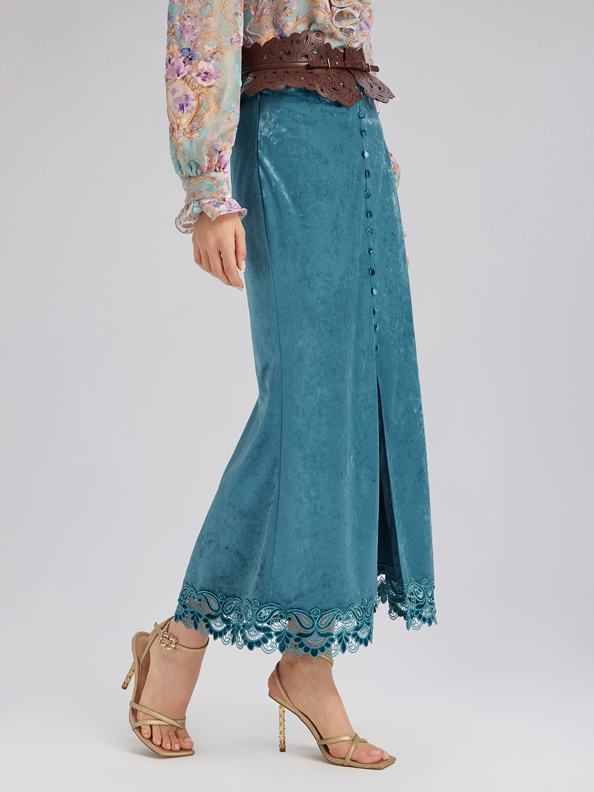 Velvet Lace-Trim Front Slit Fishtail Skirt