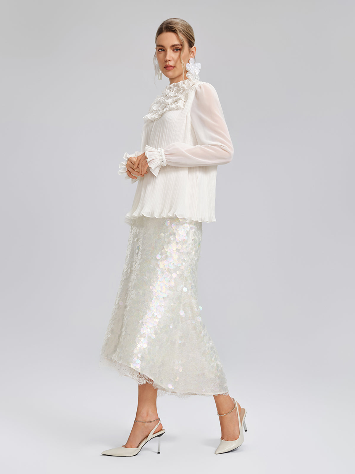 Pearl Beaded Fan Pleated Lantern Sleeve Blouse