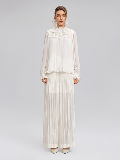 Pearl Beaded Fan Pleated Lantern Sleeve Blouse
