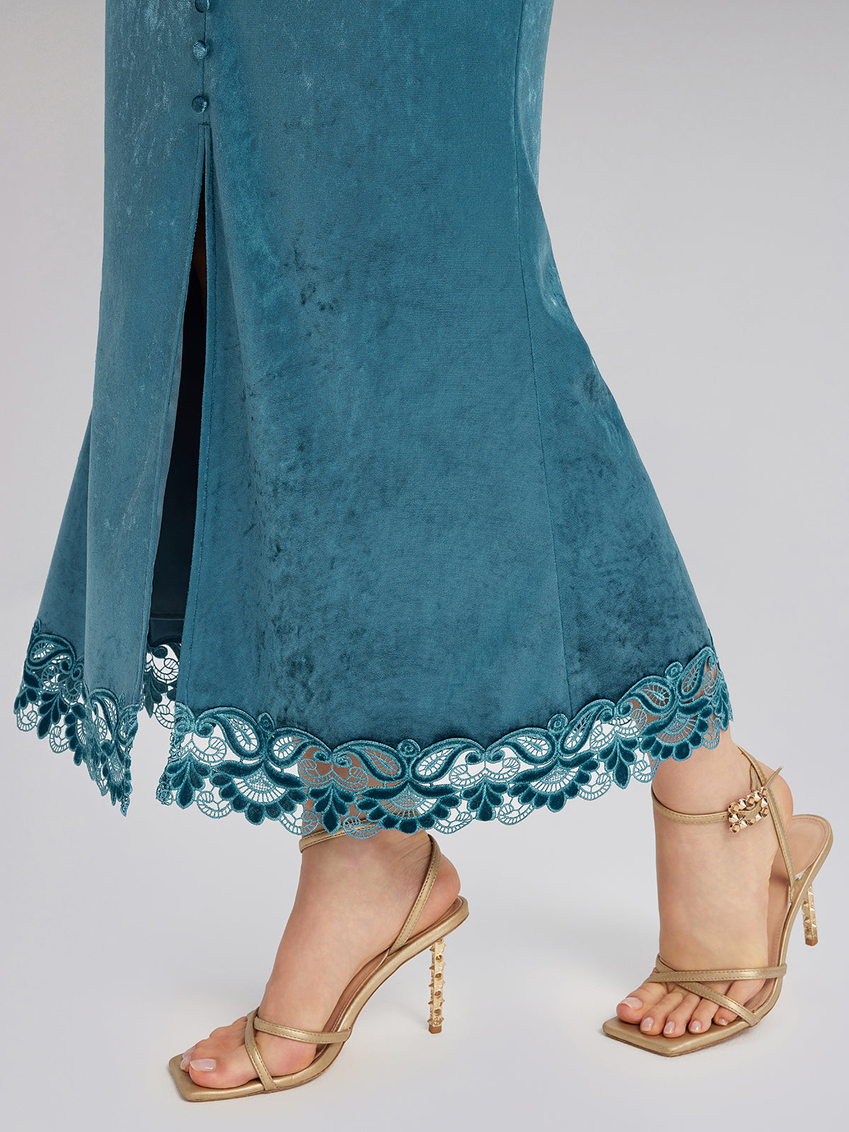 Velvet Lace-Trim Front Slit Fishtail Skirt