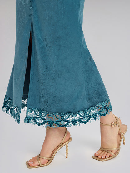 Velvet Lace-Trim Front Slit Fishtail Skirt
