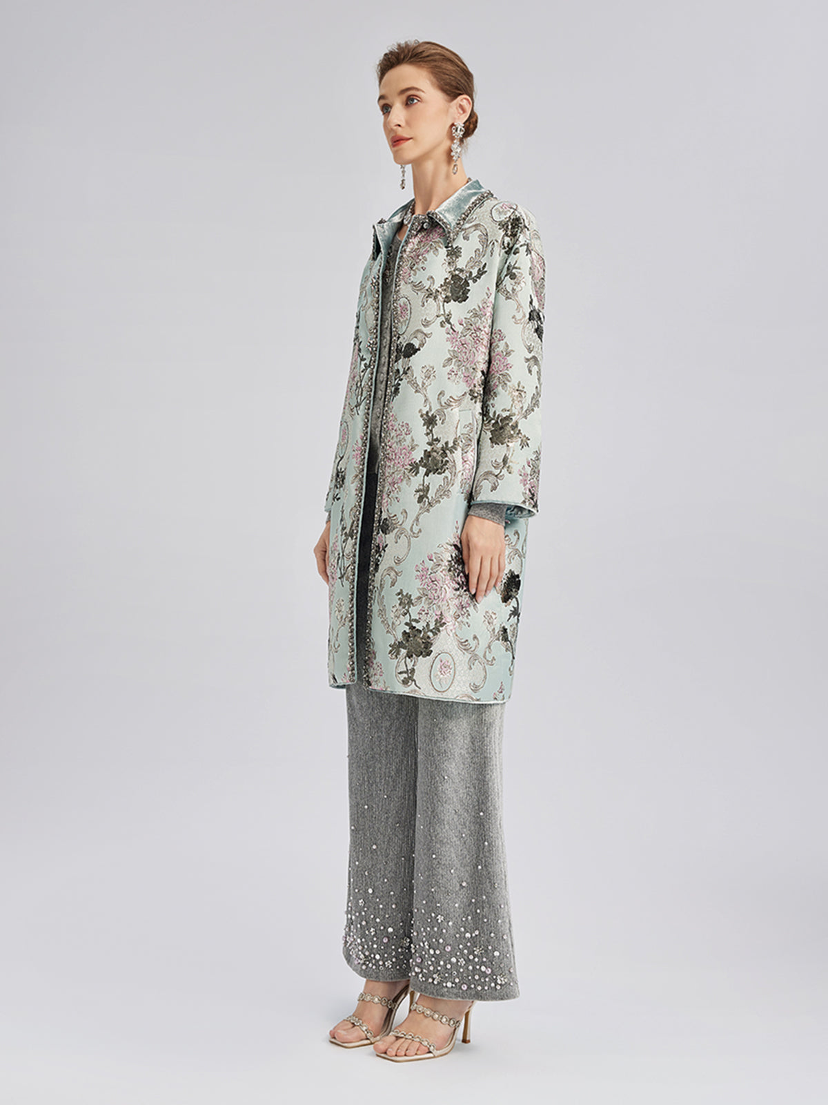 Hand-Beaded Sequined Floral Jacquard Jacket