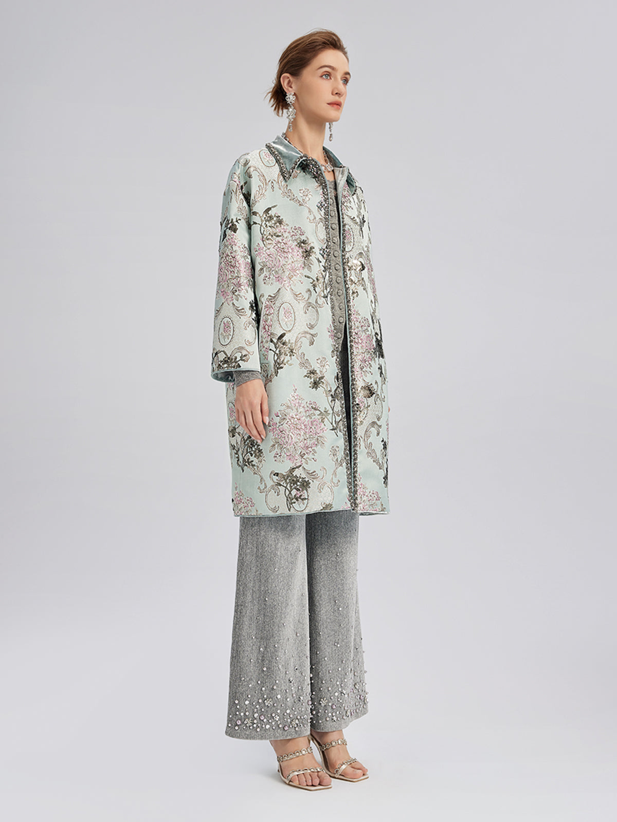 Hand-Beaded Sequined Floral Jacquard Jacket