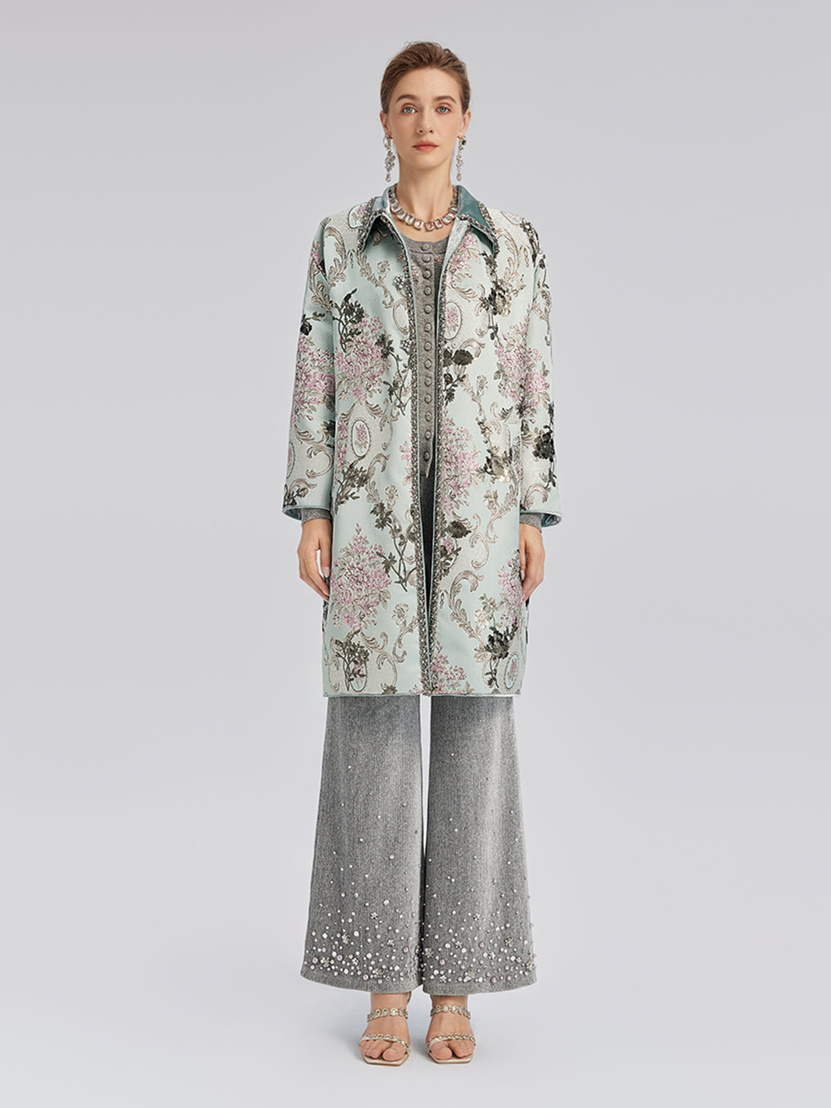 Hand-Beaded Sequined Floral Jacquard Jacket