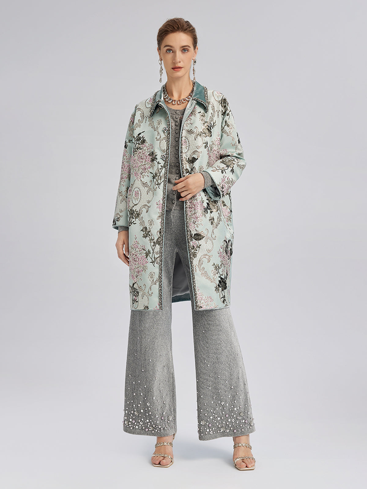 Hand-Beaded Sequined Floral Jacquard Jacket