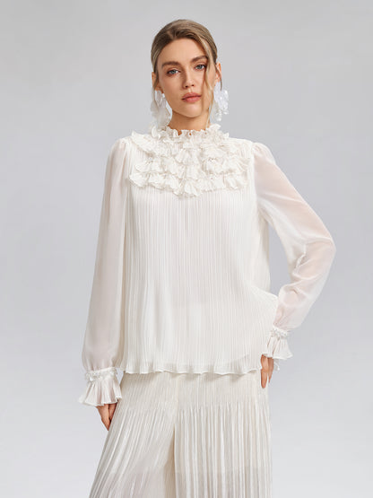 Pearl Beaded Fan Pleated Lantern Sleeve Blouse