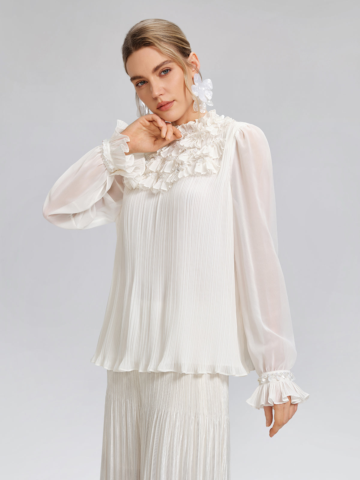 Pearl Beaded Fan Pleated Lantern Sleeve Blouse