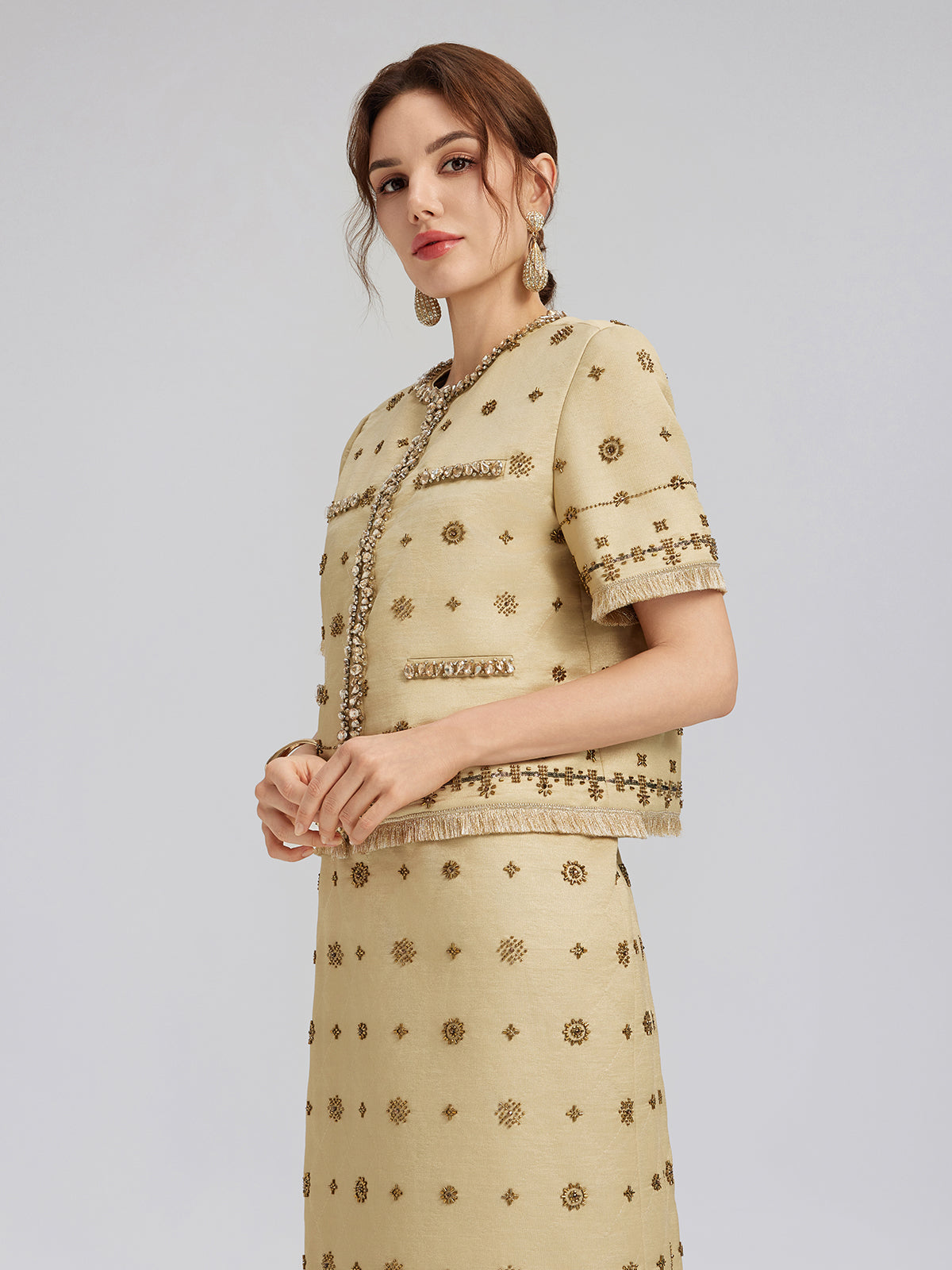 Hand-Beaded Fringe Cropped Jacket