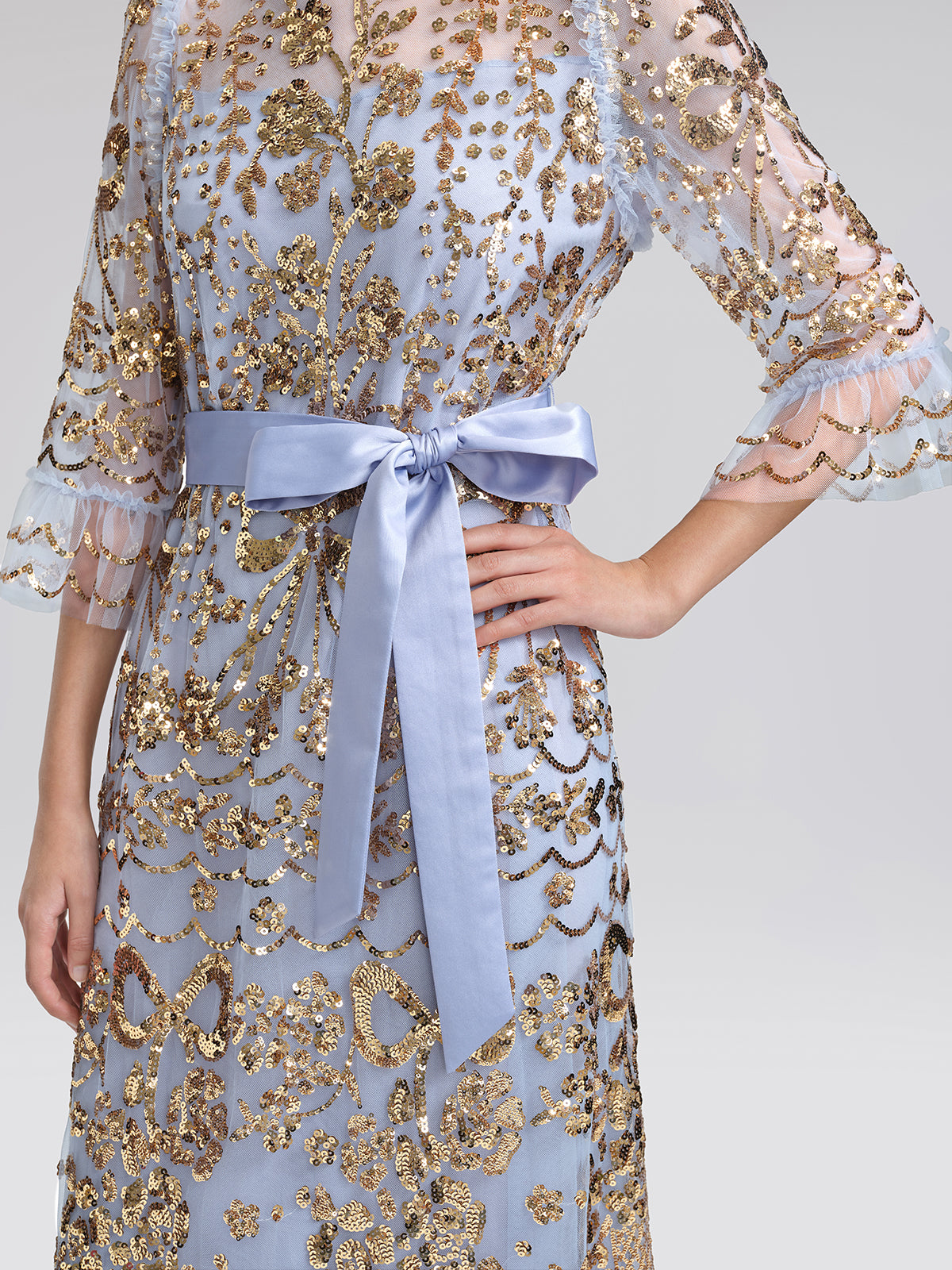 Gold Foil Mesh Heavywork Maxi Dress (Waist Tie Included)
