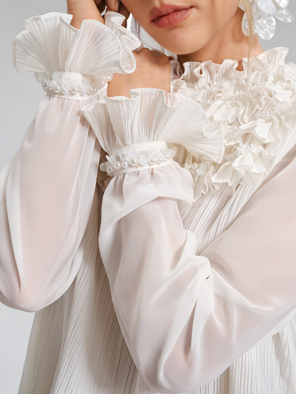Pearl Beaded Fan Pleated Lantern Sleeve Blouse