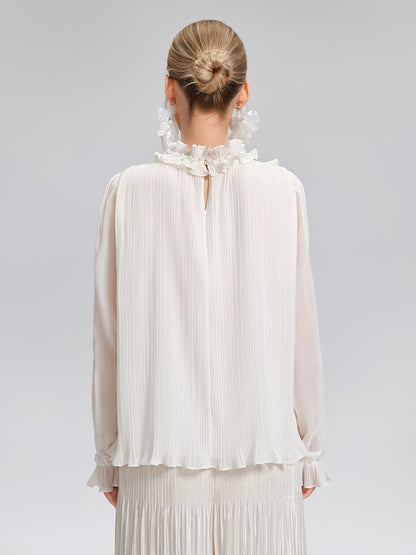 Pearl Beaded Fan Pleated Lantern Sleeve Blouse