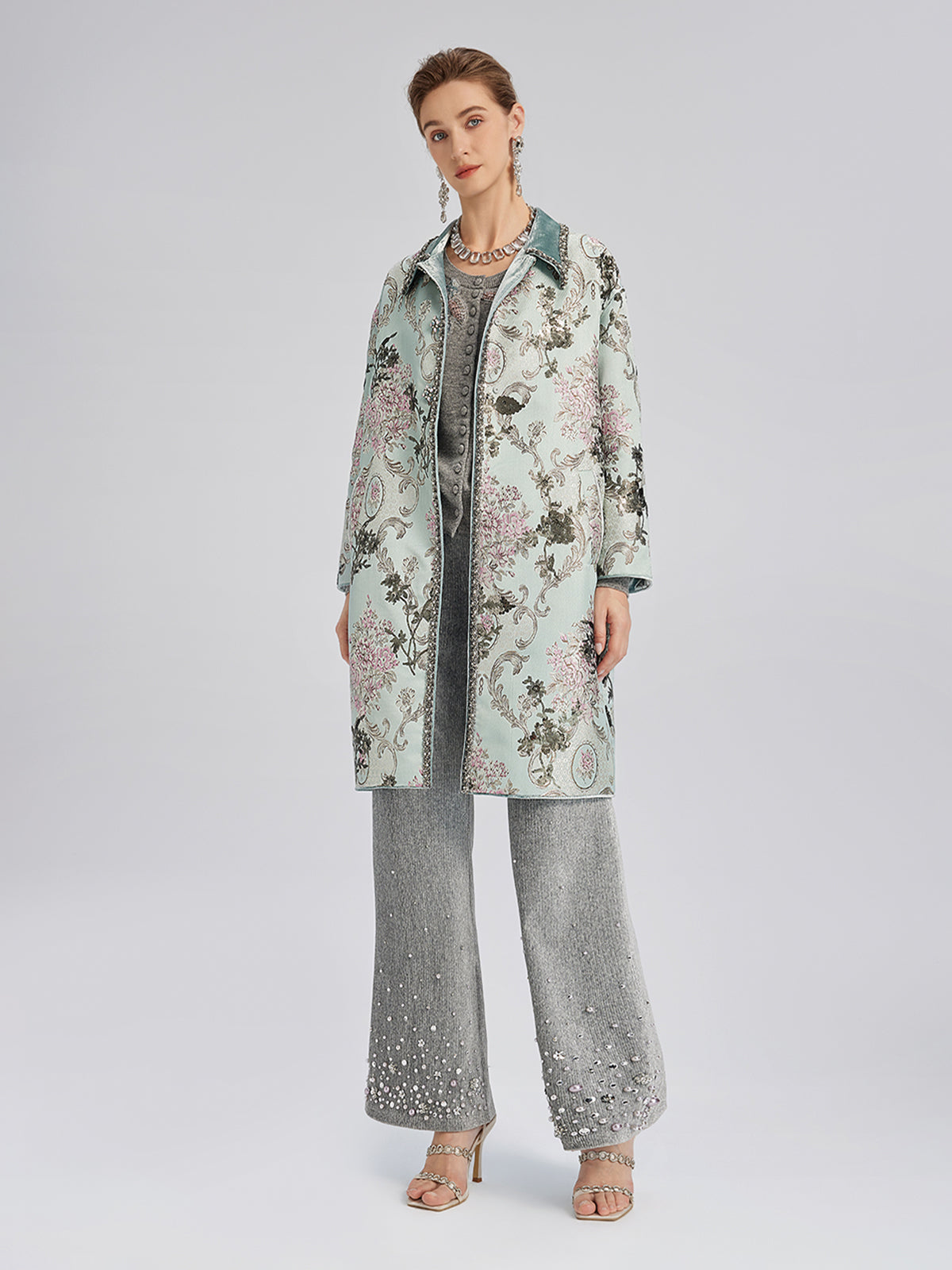 Hand-Beaded Sequined Floral Jacquard Jacket