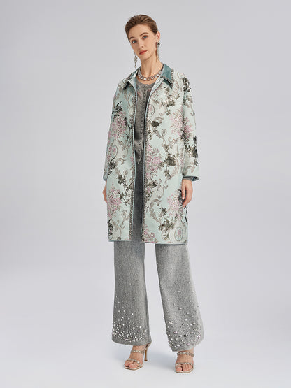 Hand-Beaded Sequined Floral Jacquard Jacket