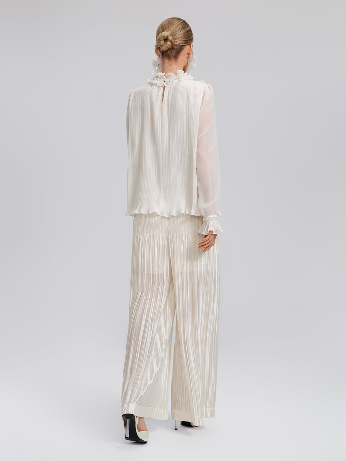 Pearl Beaded Fan Pleated Lantern Sleeve Blouse