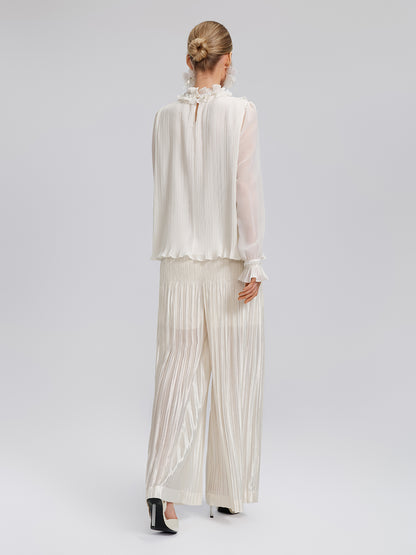 Pearl Beaded Fan Pleated Lantern Sleeve Blouse