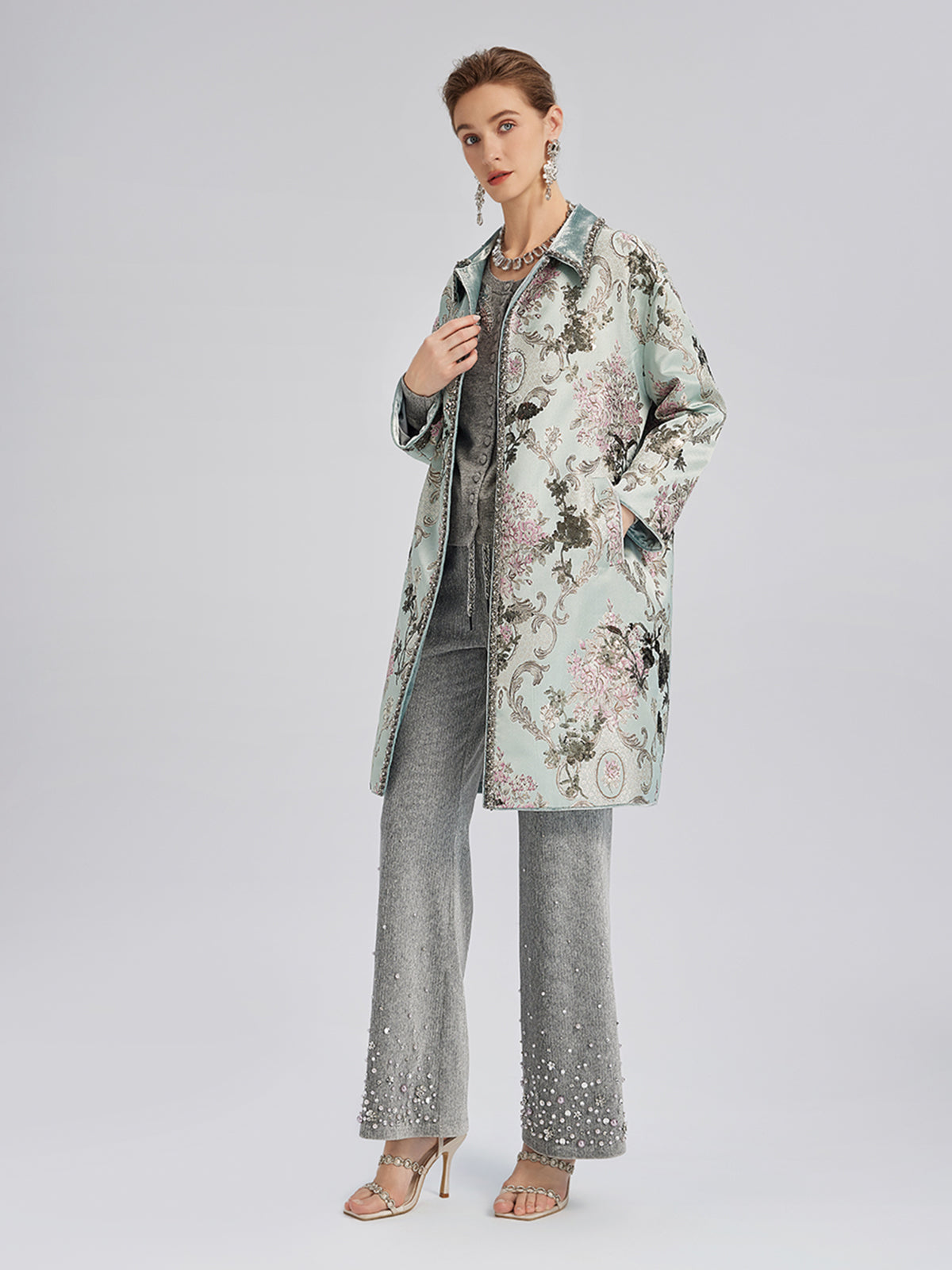 Hand-Beaded Sequined Floral Jacquard Jacket