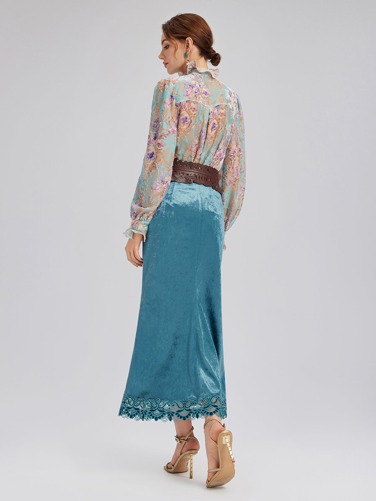 Velvet Lace-Trim Front Slit Fishtail Skirt