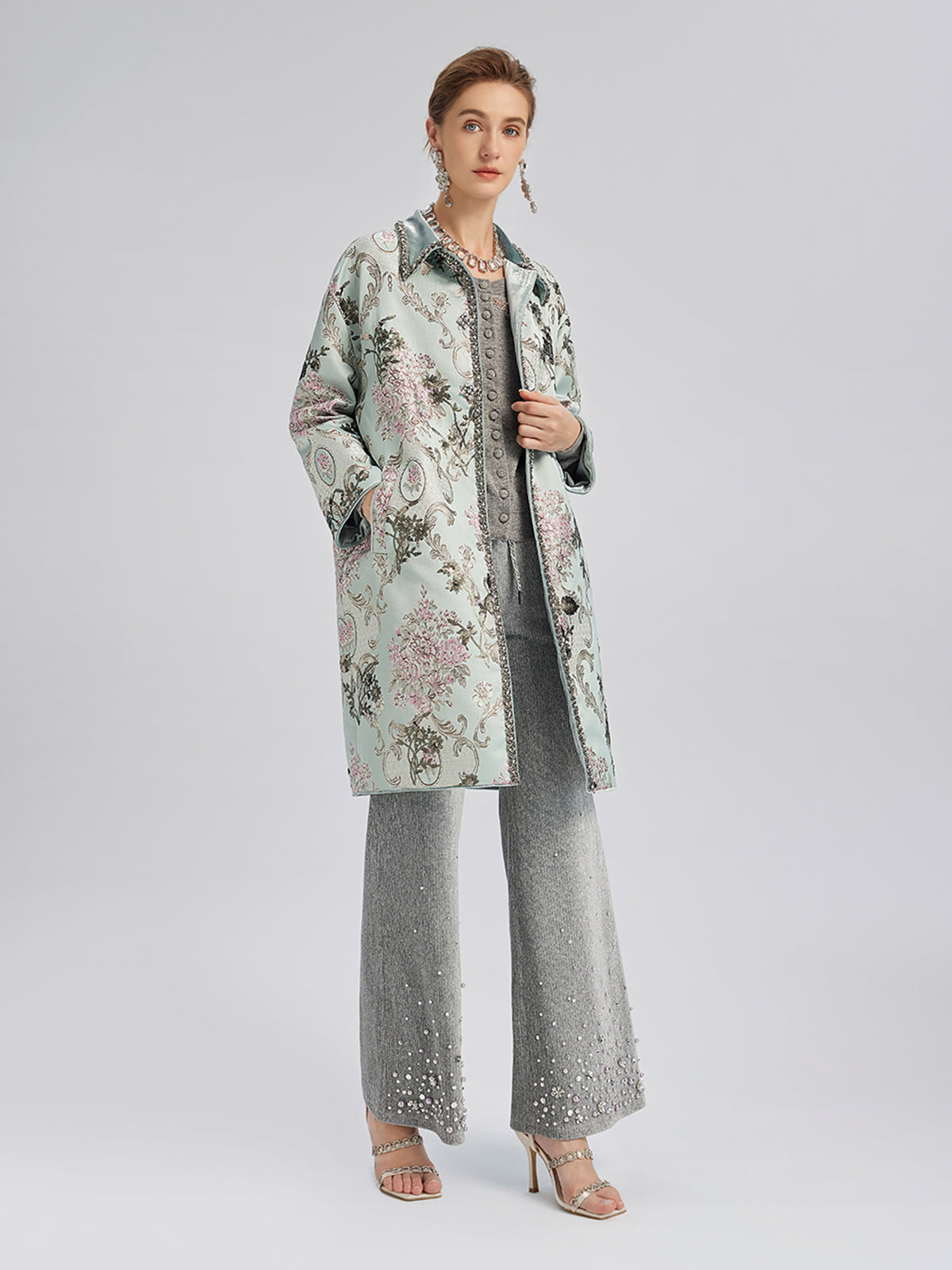 Hand-Beaded Sequined Floral Jacquard Jacket