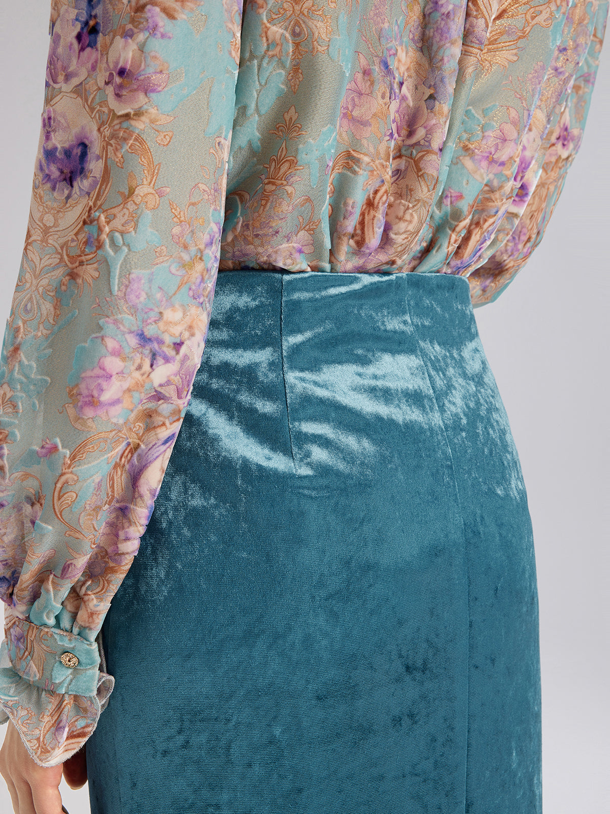 Velvet Lace-Trim Front Slit Fishtail Skirt