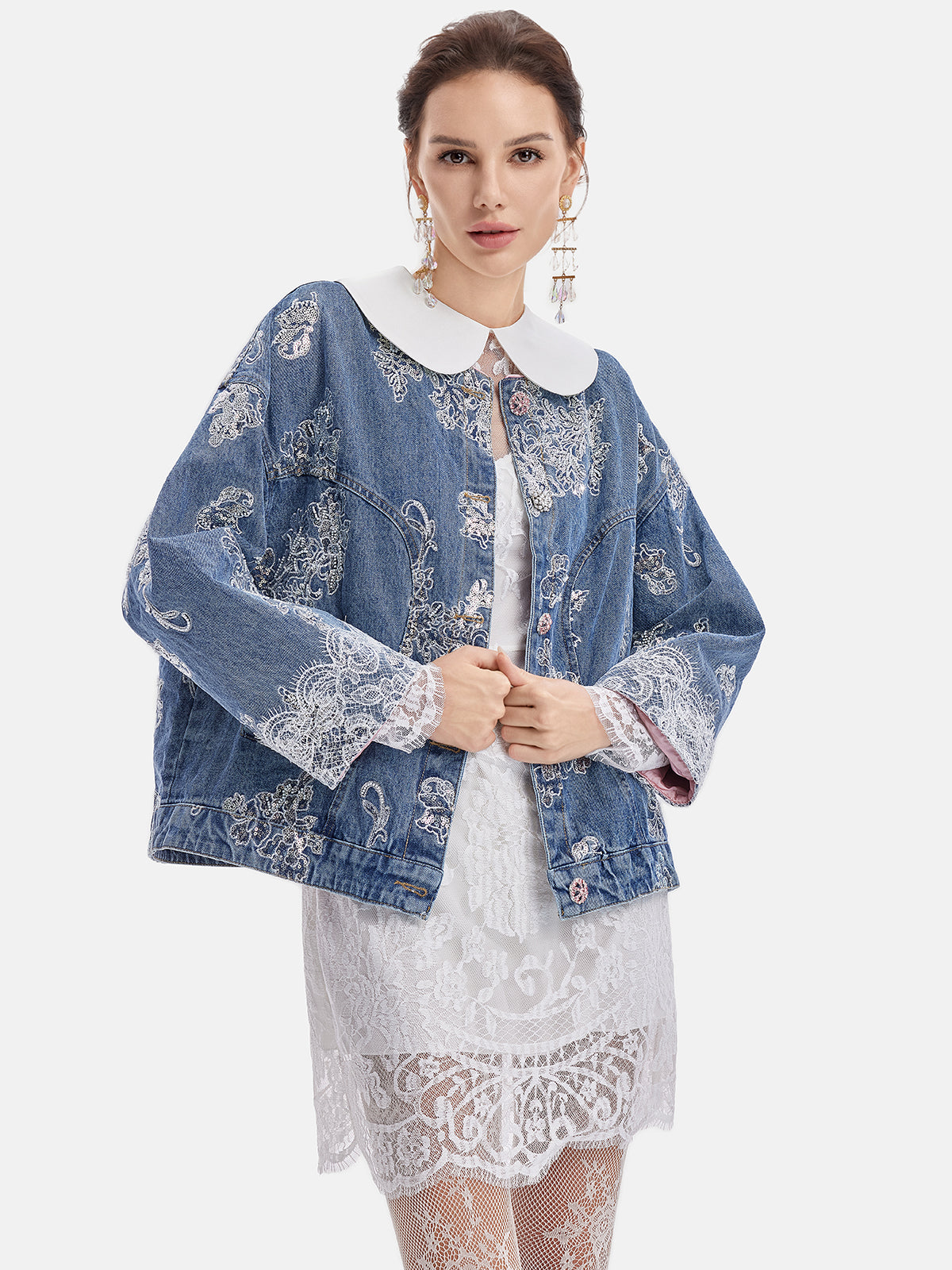 Exquisite Lace Sequined Denim Jacket