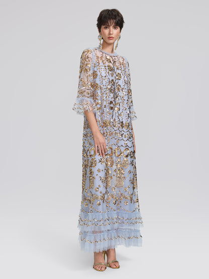 Gold Foil Mesh Heavywork Maxi Dress (Waist Tie Included)