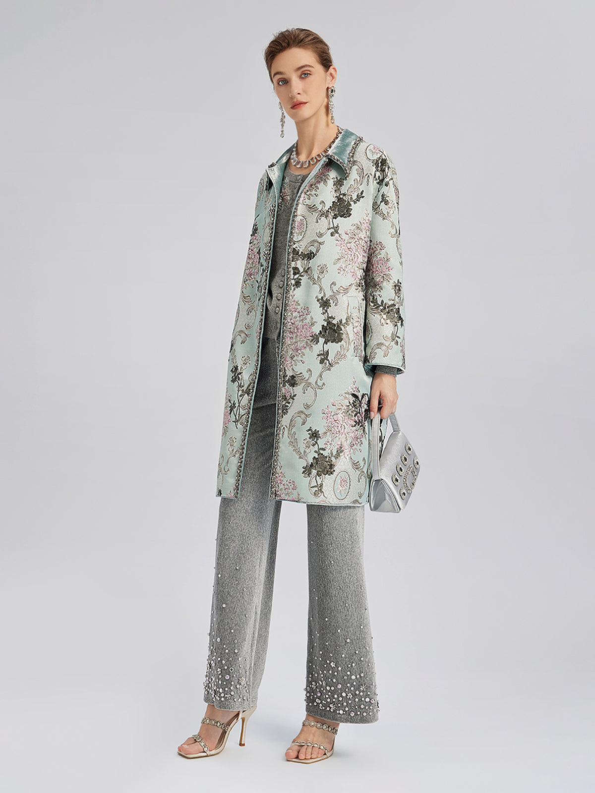 Hand-Beaded Sequined Floral Jacquard Jacket