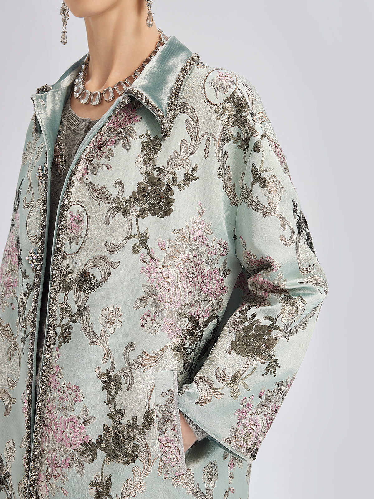 Hand-Beaded Sequined Floral Jacquard Jacket