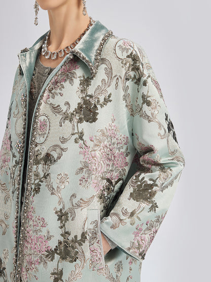 Hand-Beaded Sequined Floral Jacquard Jacket