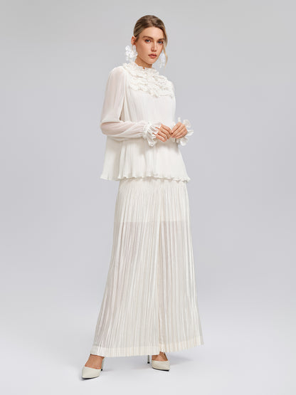 Pearl Beaded Fan Pleated Lantern Sleeve Blouse