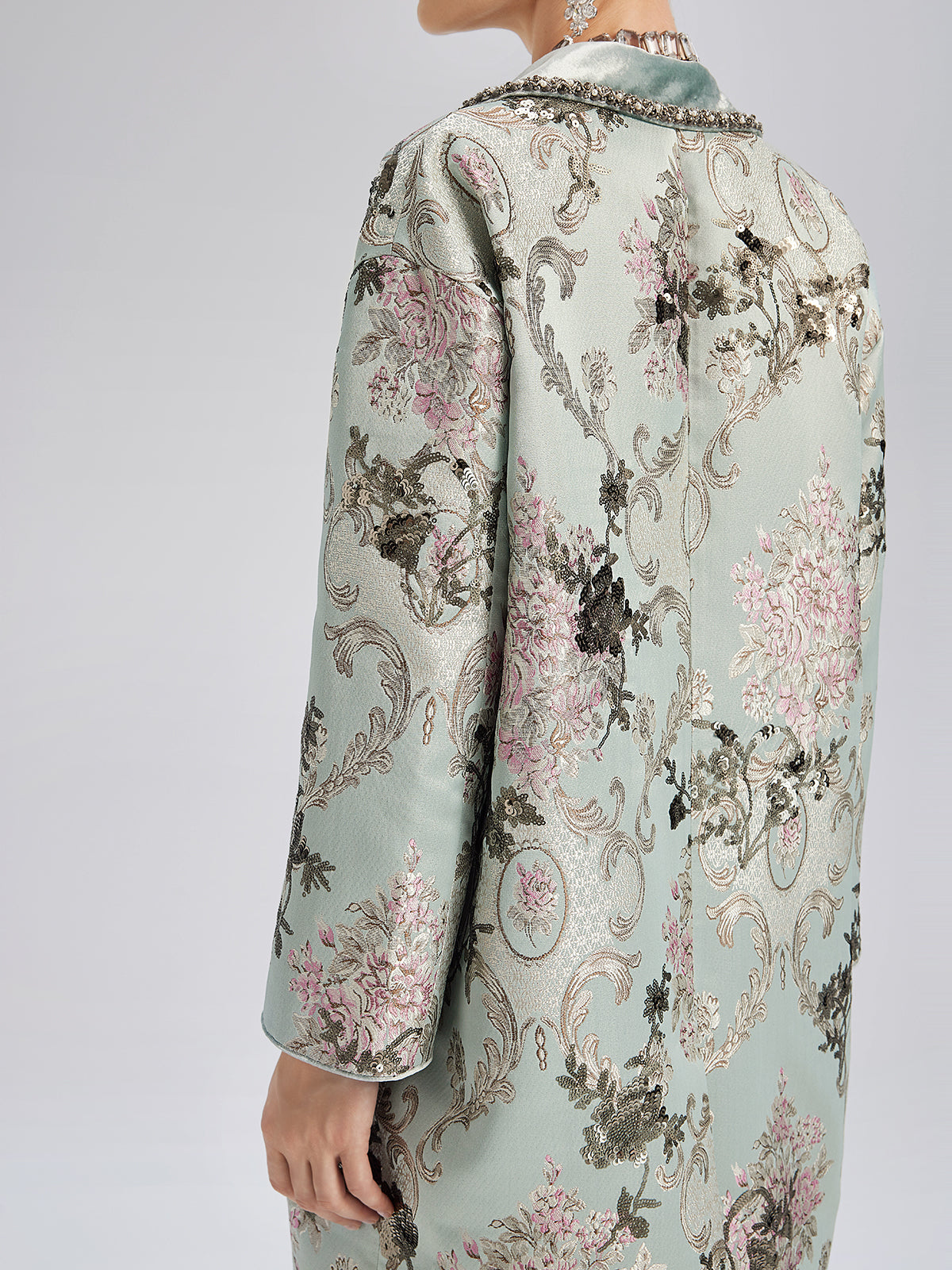 Hand-Beaded Sequined Floral Jacquard Jacket