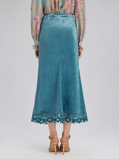 Velvet Lace-Trim Front Slit Fishtail Skirt