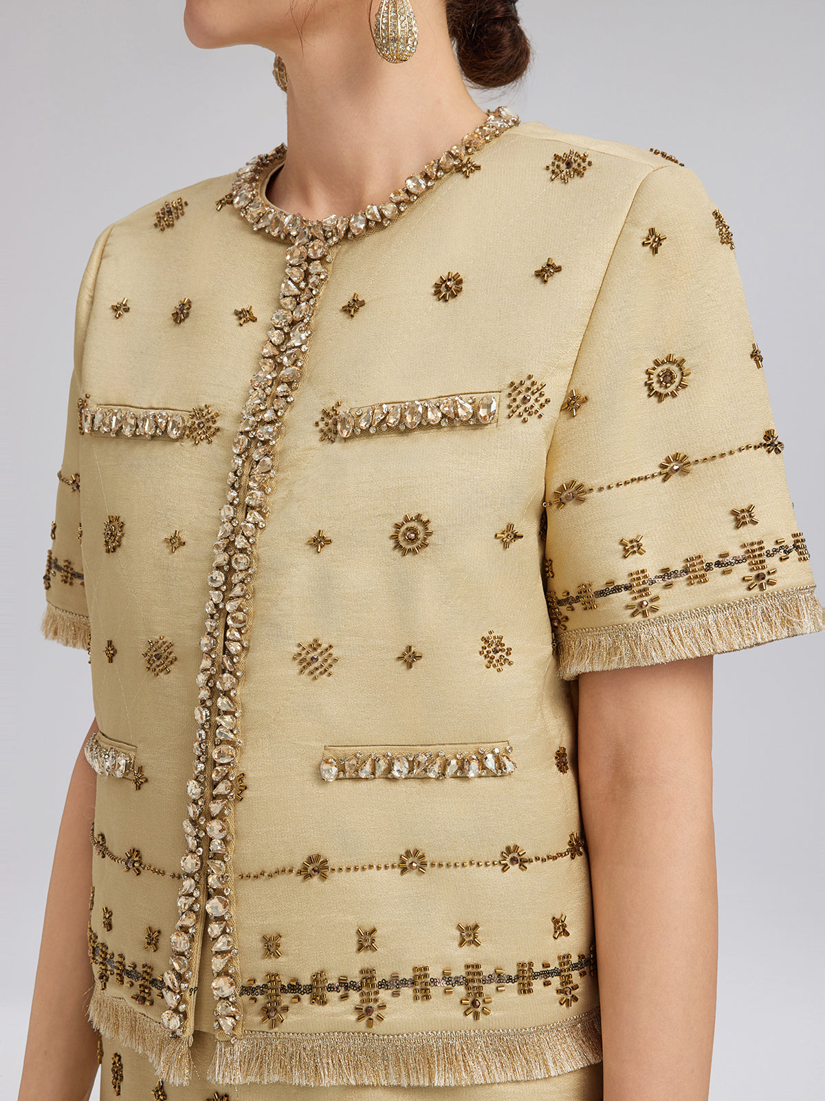 Hand-Beaded Fringe Cropped Jacket