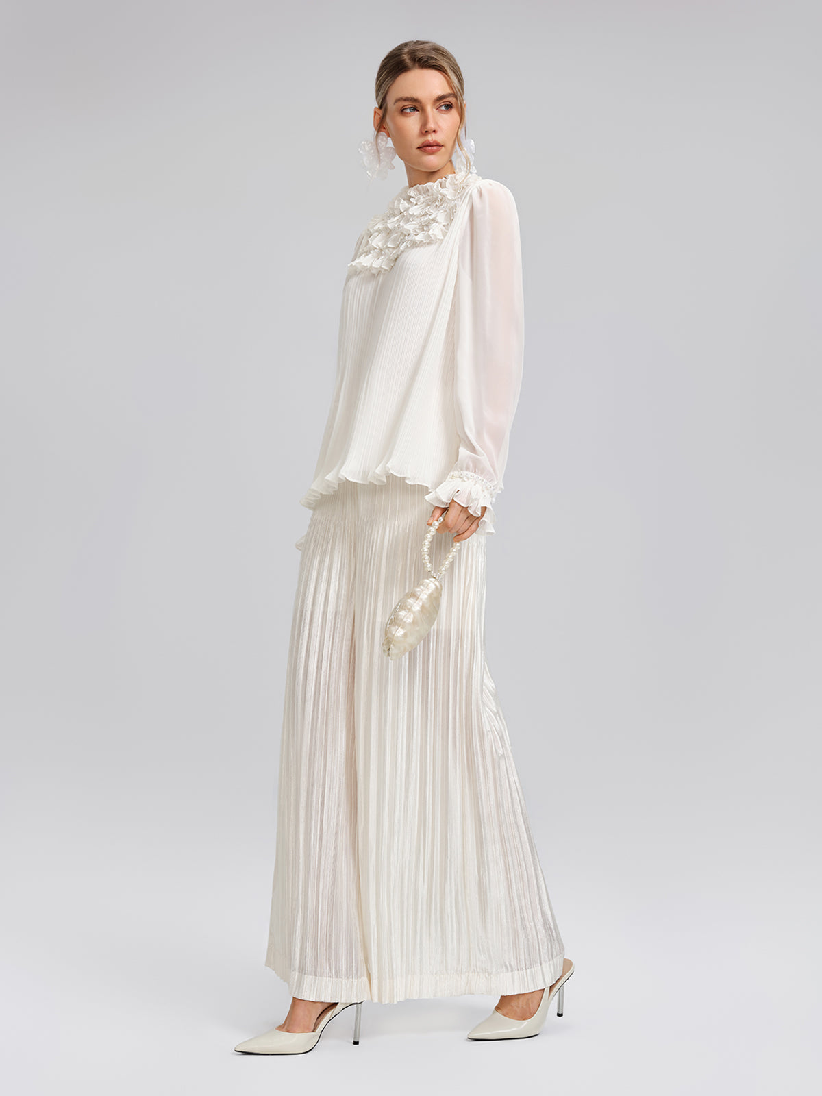 Pearl Beaded Fan Pleated Lantern Sleeve Blouse