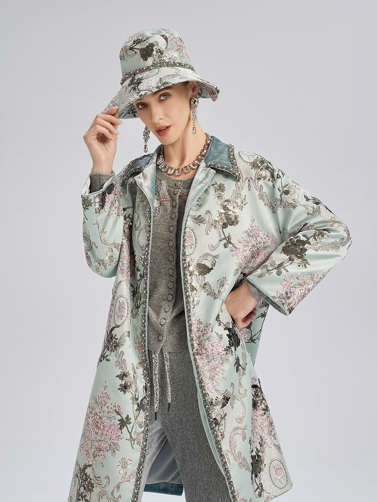 Hand-Beaded Sequined Floral Jacquard Jacket