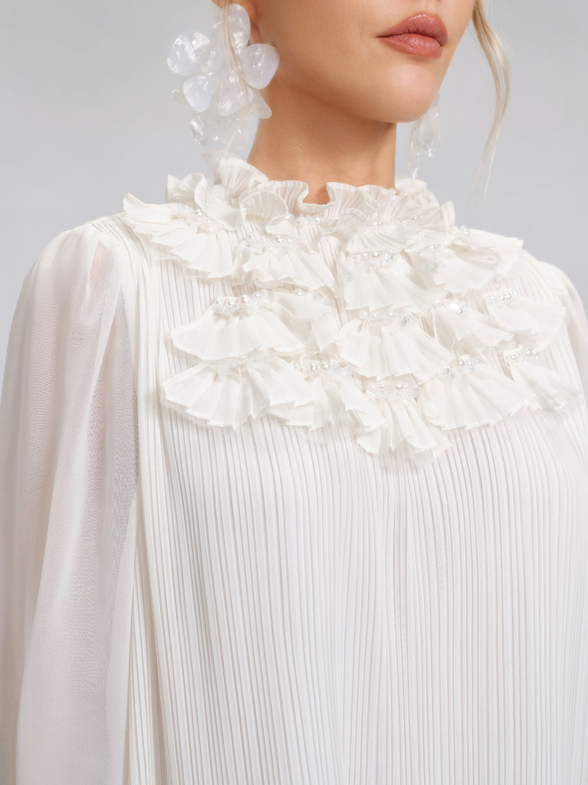 Pearl Beaded Fan Pleated Lantern Sleeve Blouse