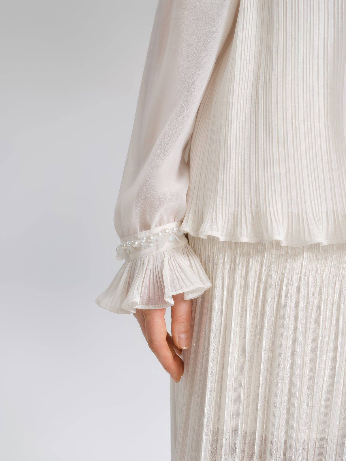 Pearl Beaded Fan Pleated Lantern Sleeve Blouse