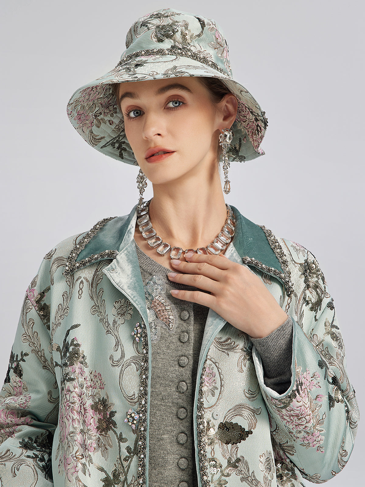 Hand-Beaded Sequin Floral Jacquard Hat