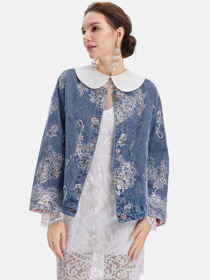 Exquisite Lace Sequined Denim Jacket