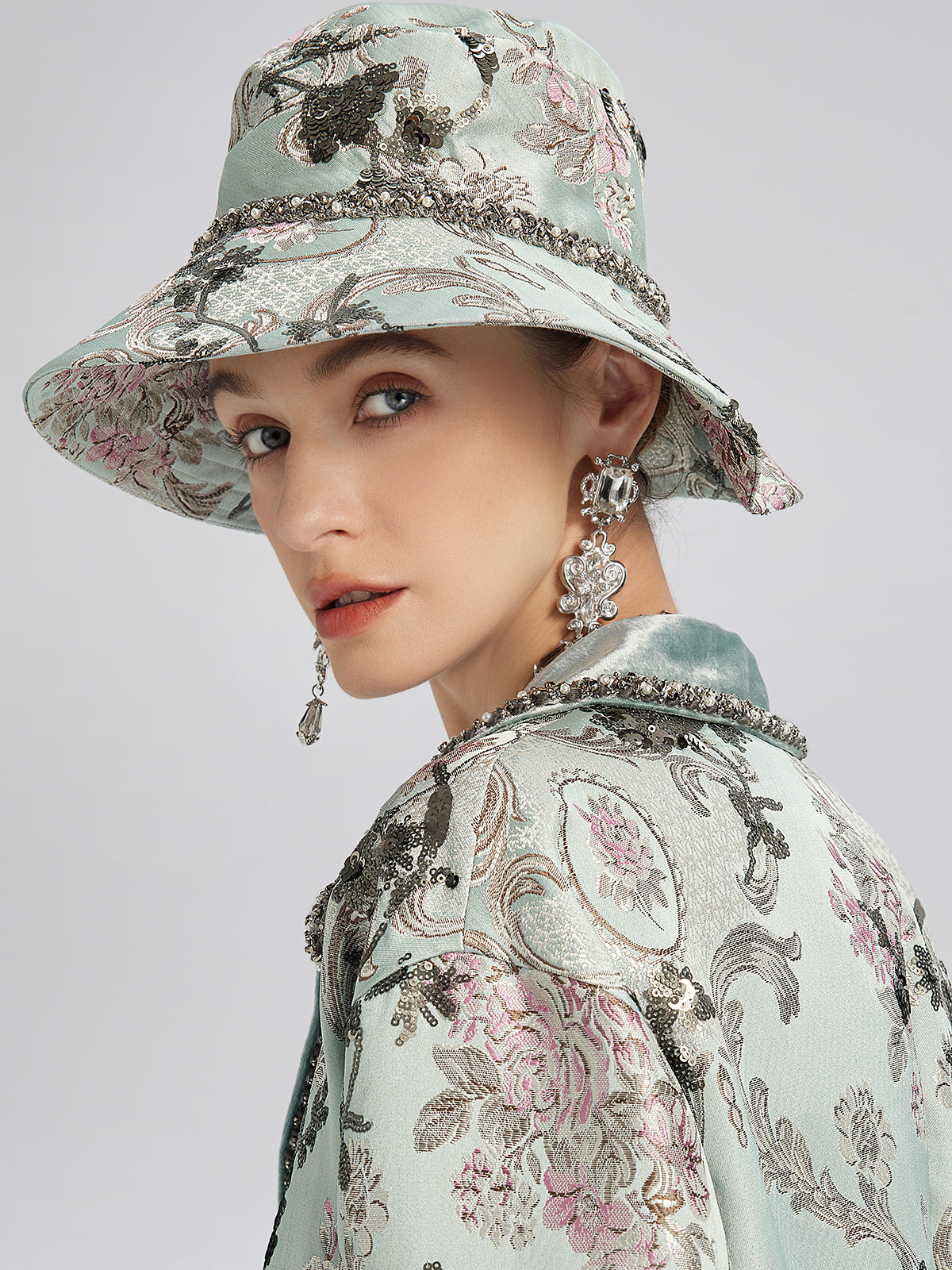 Hand-Beaded Sequin Floral Jacquard Hat