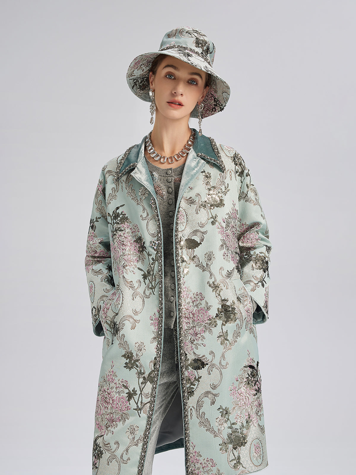 Hand-Beaded Sequined Floral Jacquard Jacket