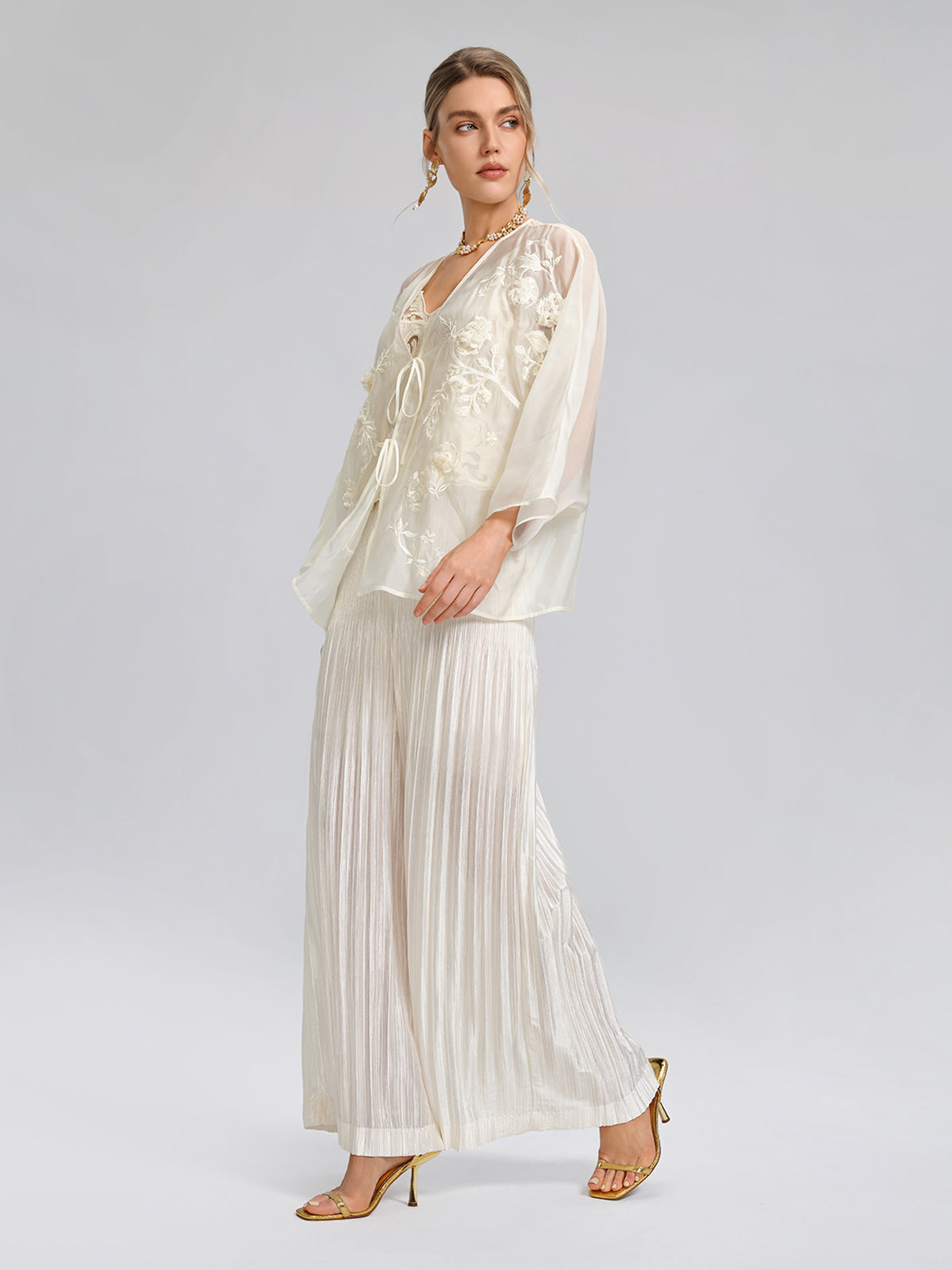 Embroidered Beaded Organza Batwing Shawl