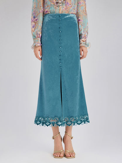 Velvet Lace-Trim Front Slit Fishtail Skirt