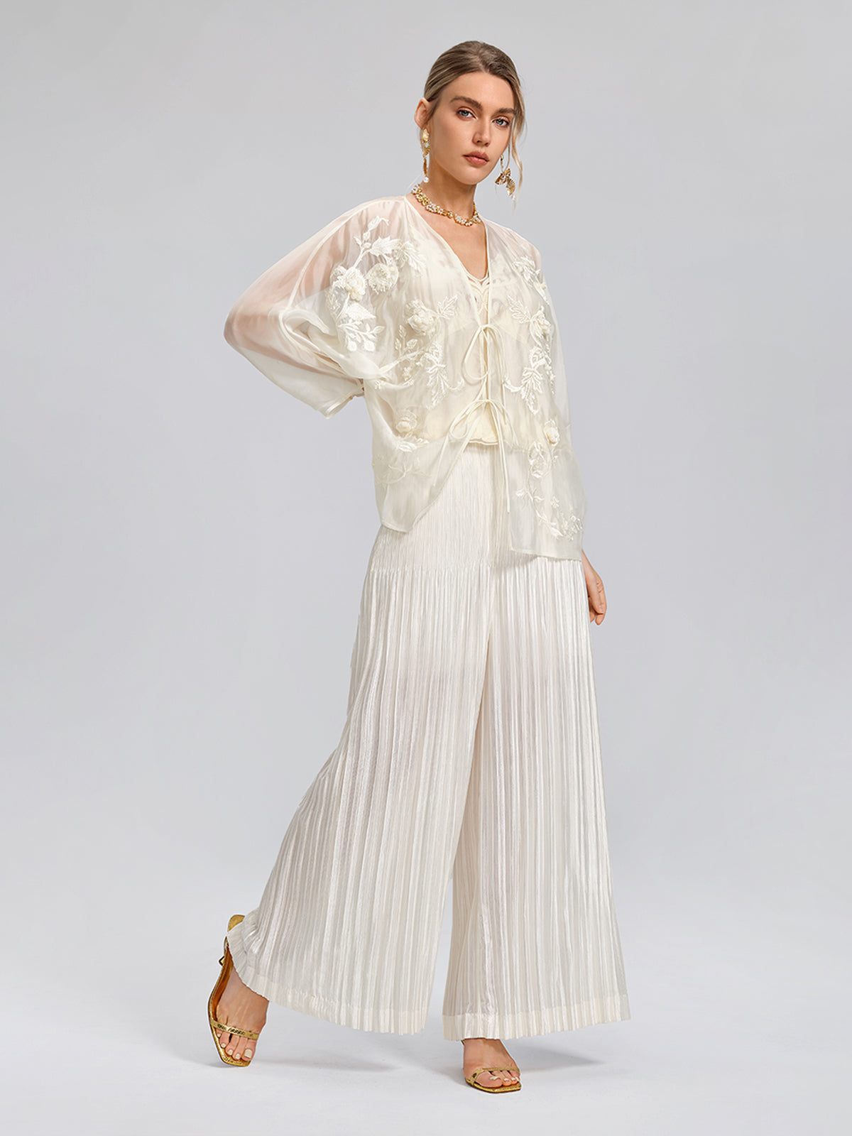 Embroidered Beaded Organza Batwing Shawl