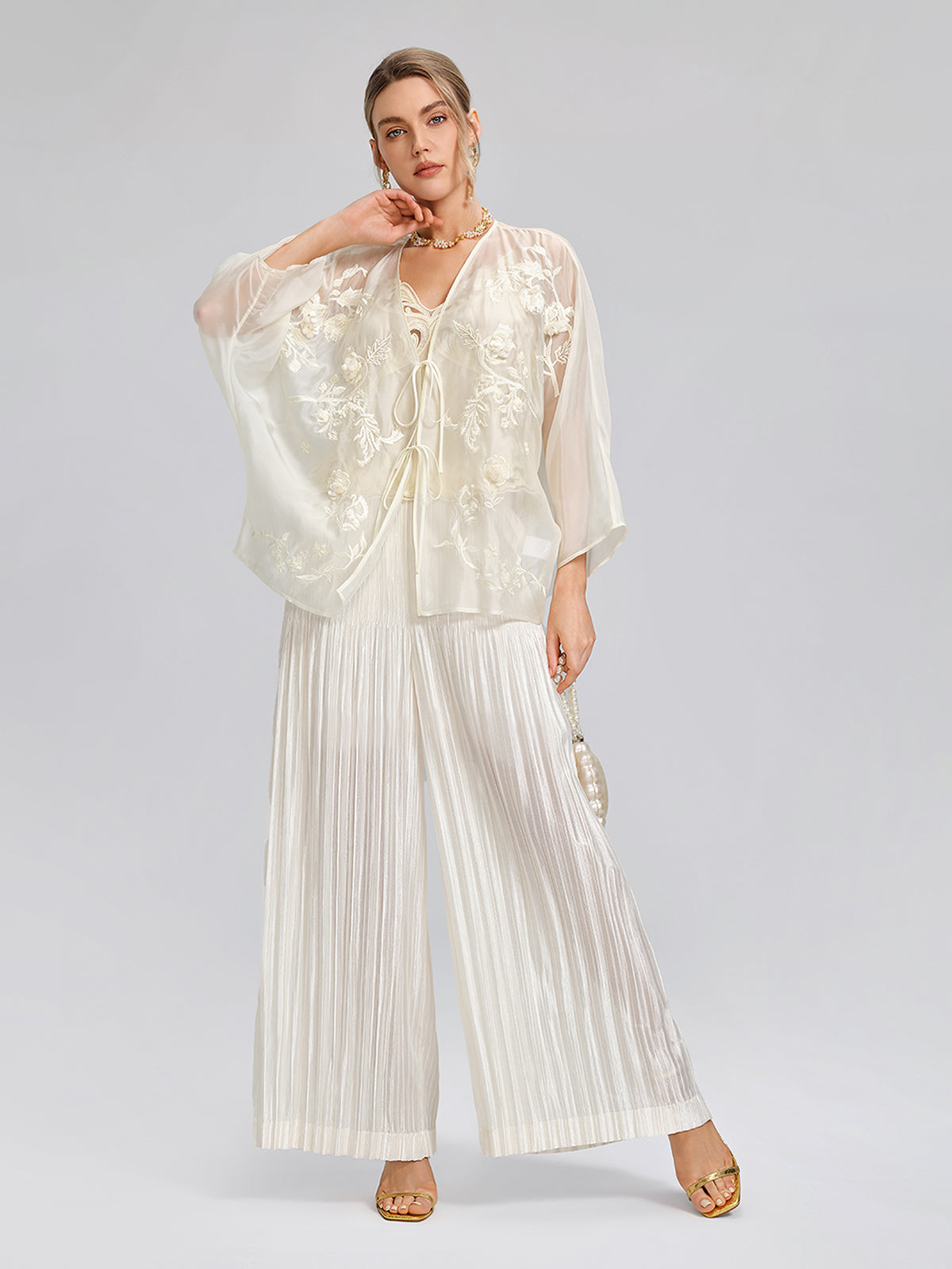 Embroidered Beaded Organza Batwing Shawl
