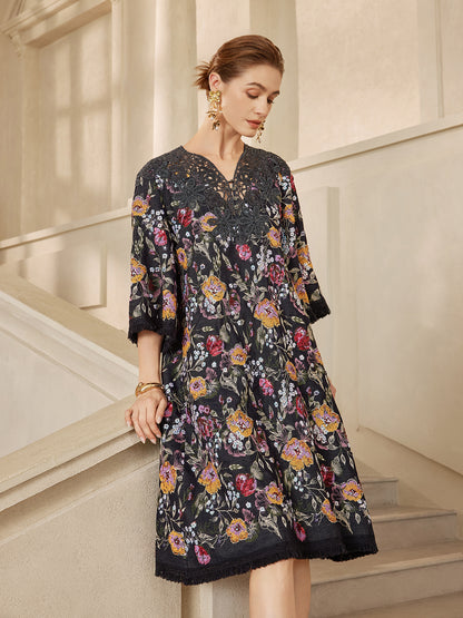 Sequin-Embroidered Raw-Edge V-Neck Dress